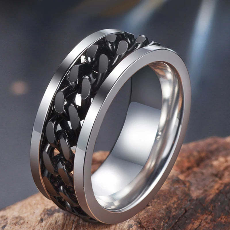 Men’s 8mm Punk Spinner Ring – Titanium Steel, Rotating Chain, Bold Design
