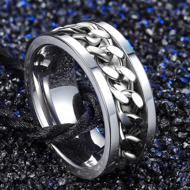 Men’s 8mm Punk Spinner Ring – Titanium Steel, Rotating Chain, Bold Design