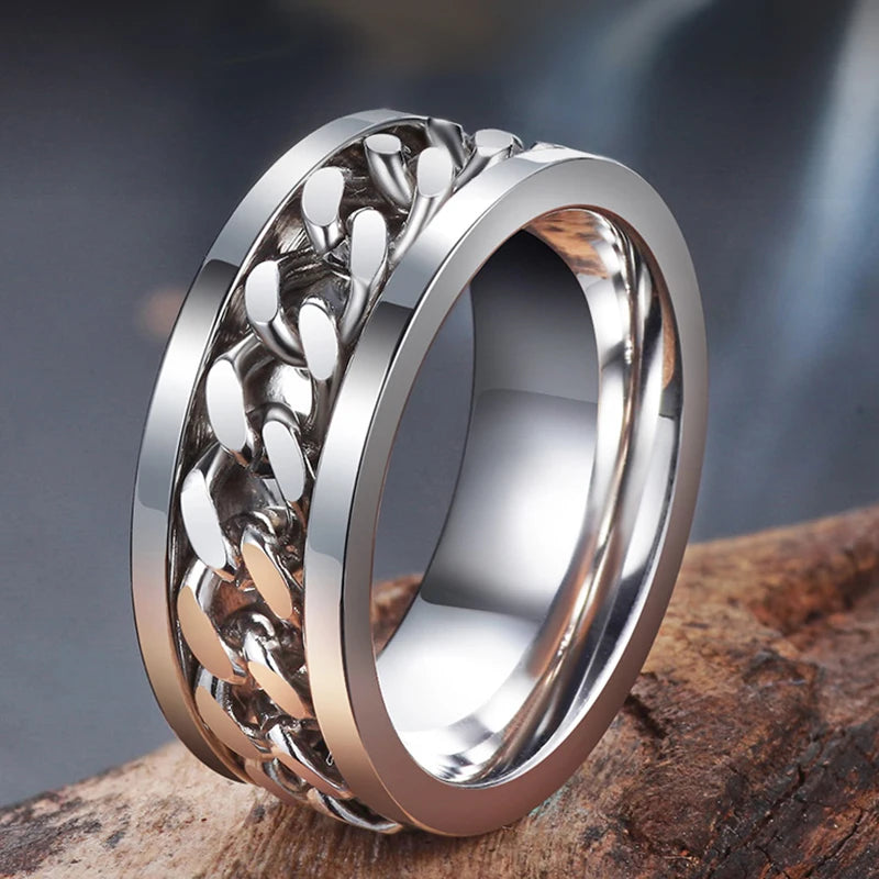 Men’s 8mm Punk Spinner Ring – Titanium Steel, Rotating Chain, Bold Design