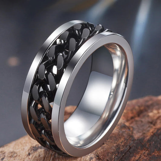 Men’s 8mm Punk Spinner Ring – Titanium Steel, Rotating Chain, Bold Design